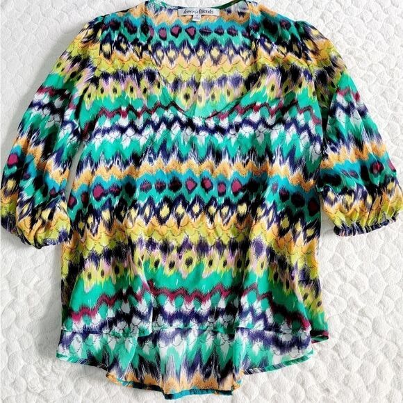 Lovers + Friends Revolve chiffon top 3/4 sleeve tribal striped colorful artsy S - Picture 2 of 9